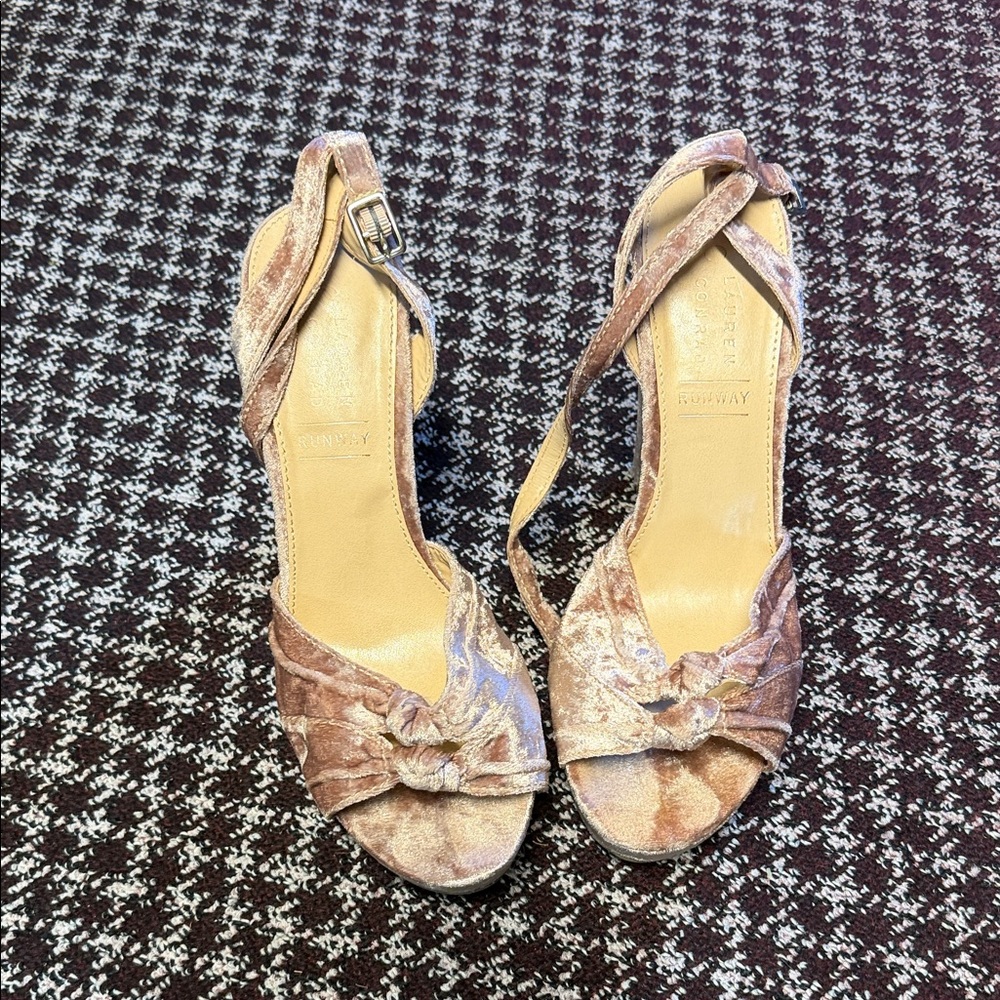 LC Lauren Conrad Velvet Heels in Cream and Tan